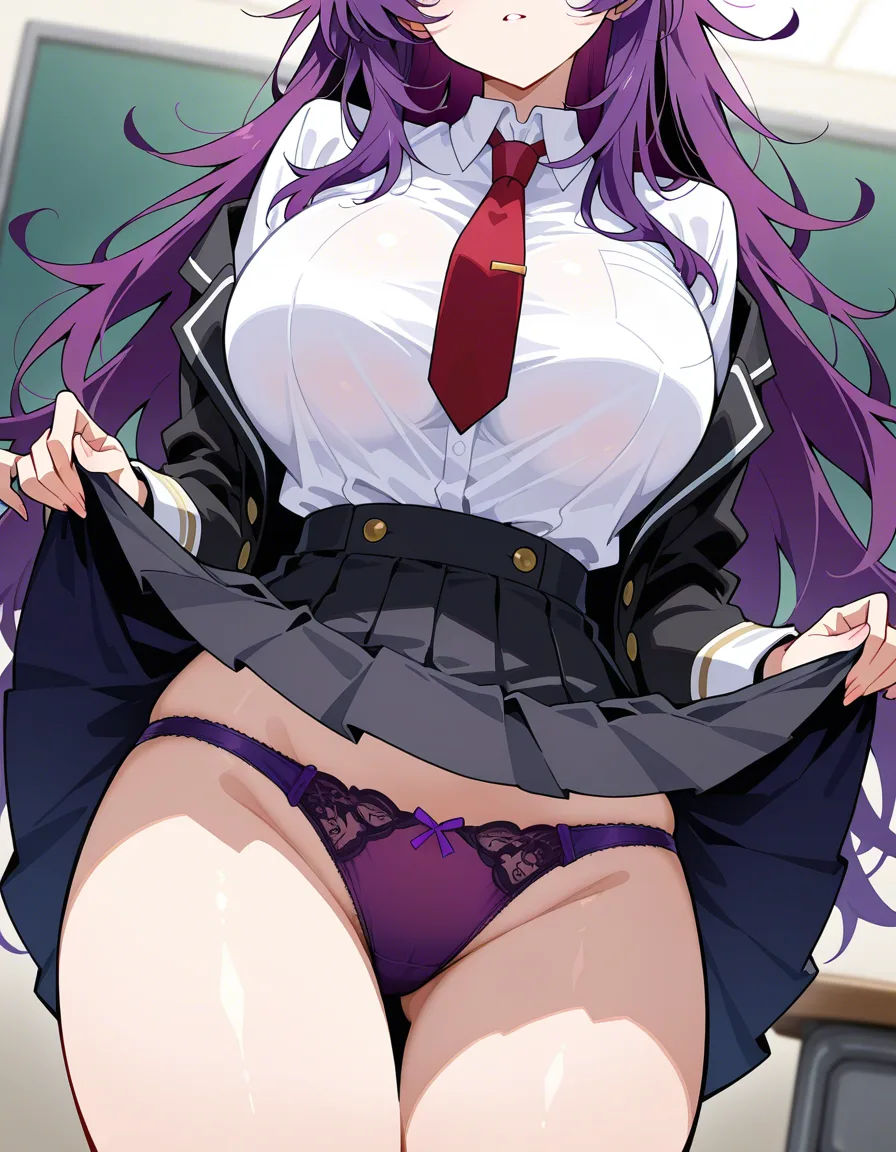 A purple long messy hair and purple eyes girl with big boobs and narrow_waist wearing a thight white school_uniform tucked with black skirt in school lifting_own_clothes and showing purple panties,, hentai_studio_quality