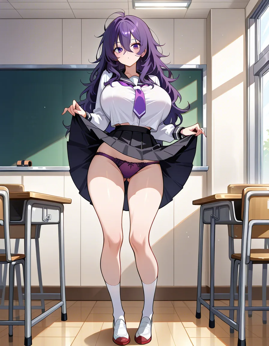 A purple long messy hair and purple eyes girl with big boobs and narrow_waist wearing a thight white school_uniform tucked with black skirt in school lifting_own_clothes and showing purple panties full body, in school classroom, hentai_studio_quality