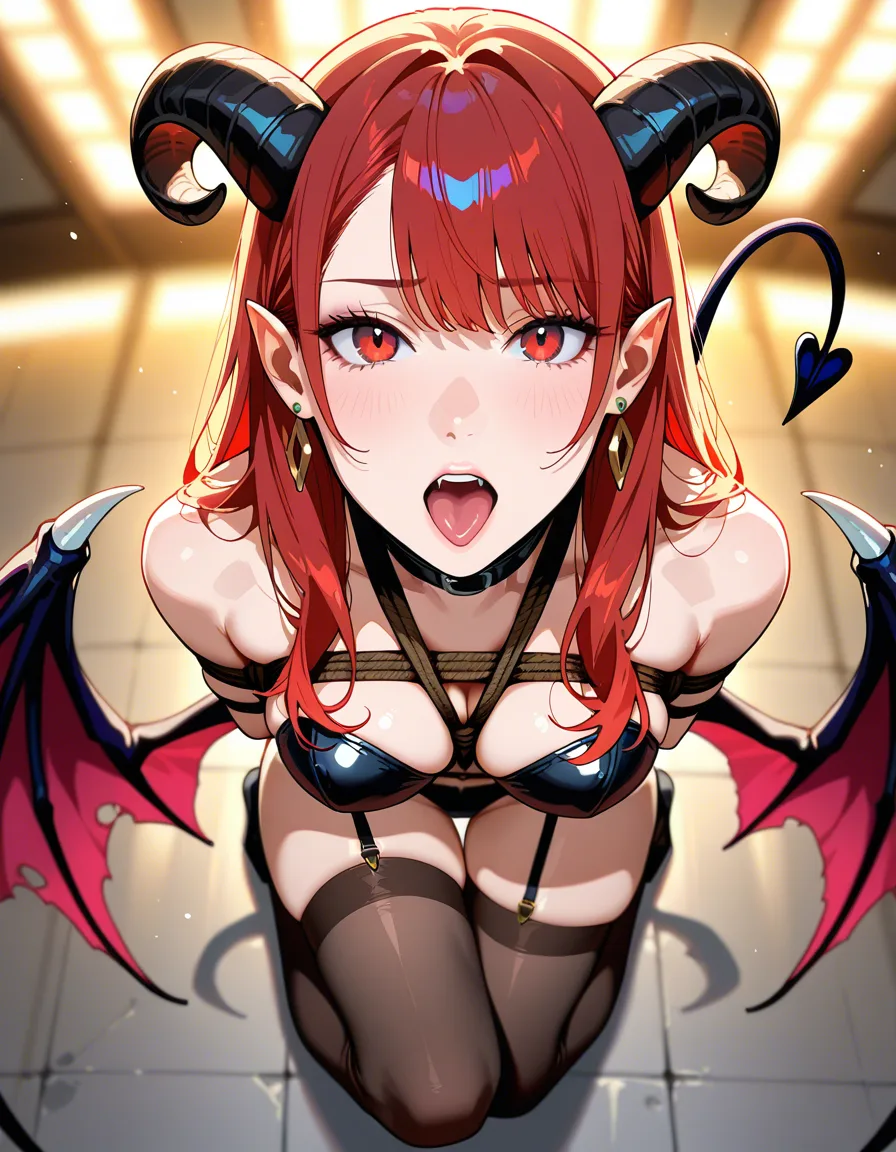 best quality, hyperrealistic, succubus, thighhighs, earrings, bondage, blurry background, from above, rim light, dslr quality, hentai_studio_quality