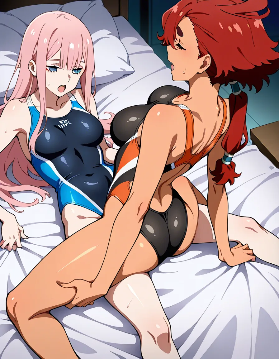 2girls, @suletta_mercury, @zero_two_(darling_in_the_franxx), yuri, lesbian, competition_swimsuit, tribadism, missionary, clothed_sex, on bed, moaning., hentai_studio_quality, hentai_studio_quality, hentai_studio_quality