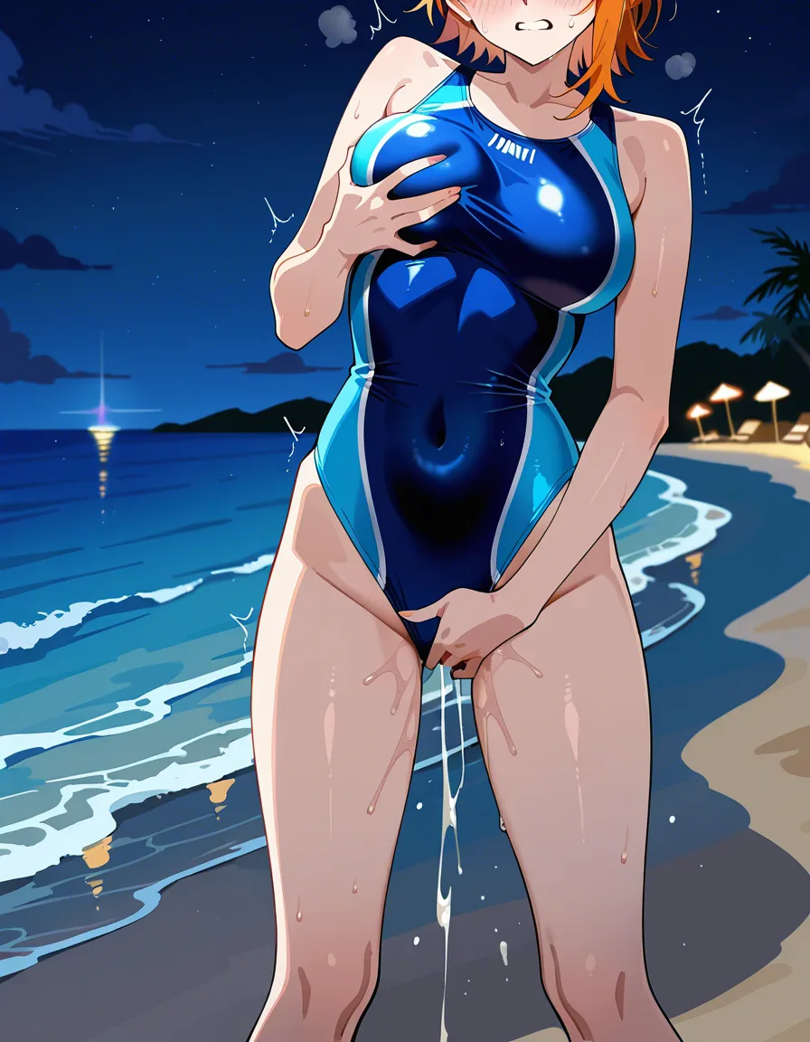 @nami_(one_piece), standing, legs_apart, blue competition_swimsuit, looking_at_viewer, grabbing_own_breast, female_masturbation, orgasm, blush, beach, night., hentai_studio_quality