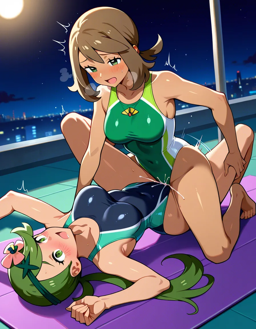 2girls, multiple_girls, @may_(pokemon), @mallow_(pokemon), yuri, lesbian, green competition_swimsuit, tribadism, blush, clothed_sex, orgasm, on yoga mat, night., hentai_studio_quality