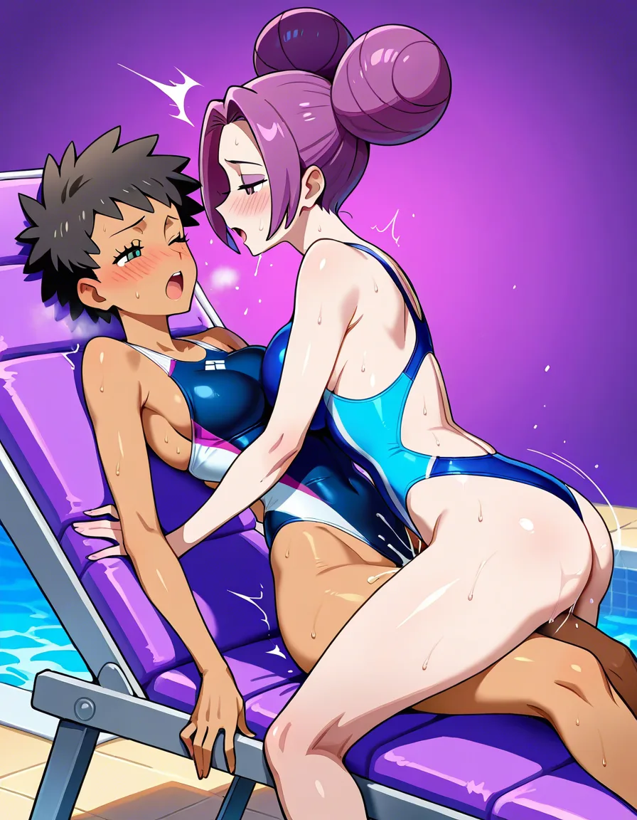 2girls, multiple_girls, @fantina_(pokemon), @phoebe_(pokemon), yuri, lesbian, on_back, girl_on_top, purple, competition_swimsuit, blue competition_swimsuit, blush, humping, missionary, moaning, orgasm, in pool chair., hentai_studio_quality