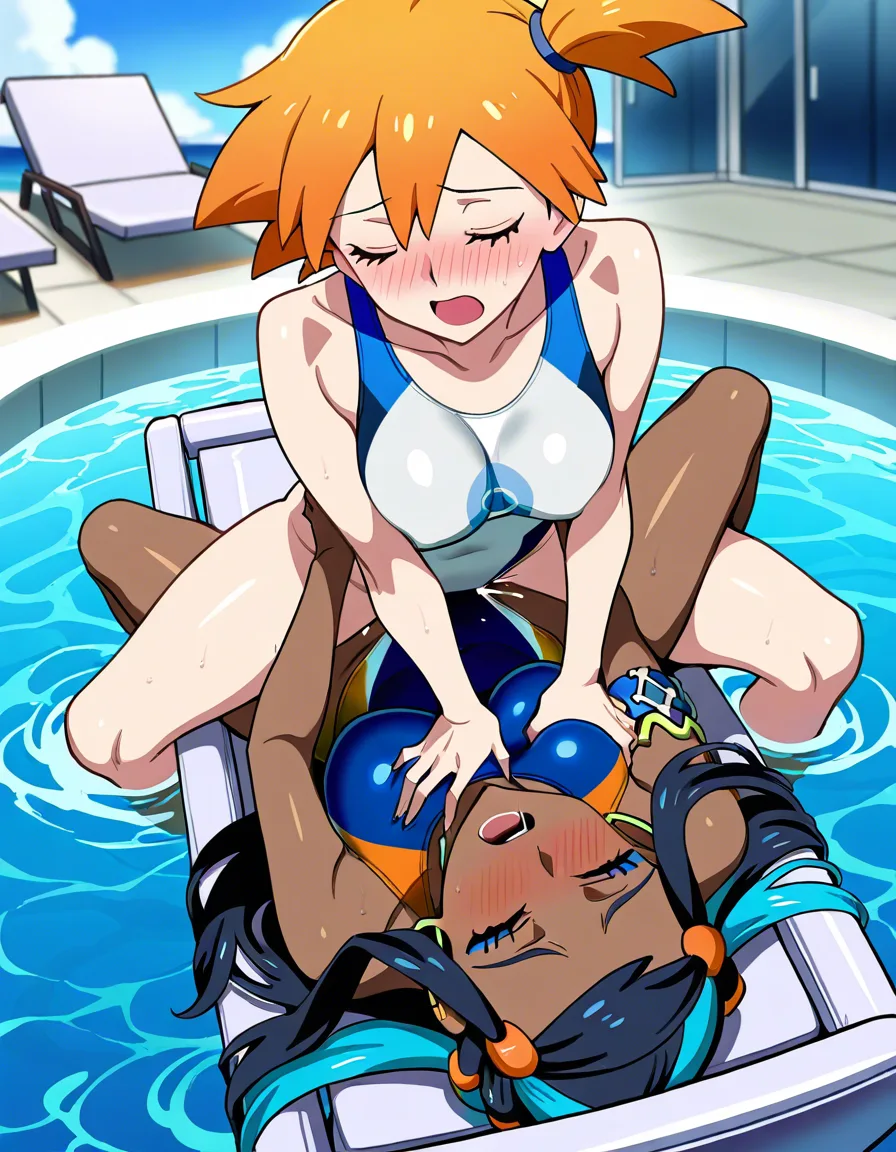 2girls, multiple_girls, @nessa_(pokemon), @misty_(pokemon), yuri, lesbian, on_back, girl_on_top, blue competition_swimsuit, humping, cowgirl_position, blush, closed_eyes, grabbing_another's_breast, moaning, orgasm, in pool chair., hentai_studio_quality, hentai_studio_quality, hentai_studio_quality