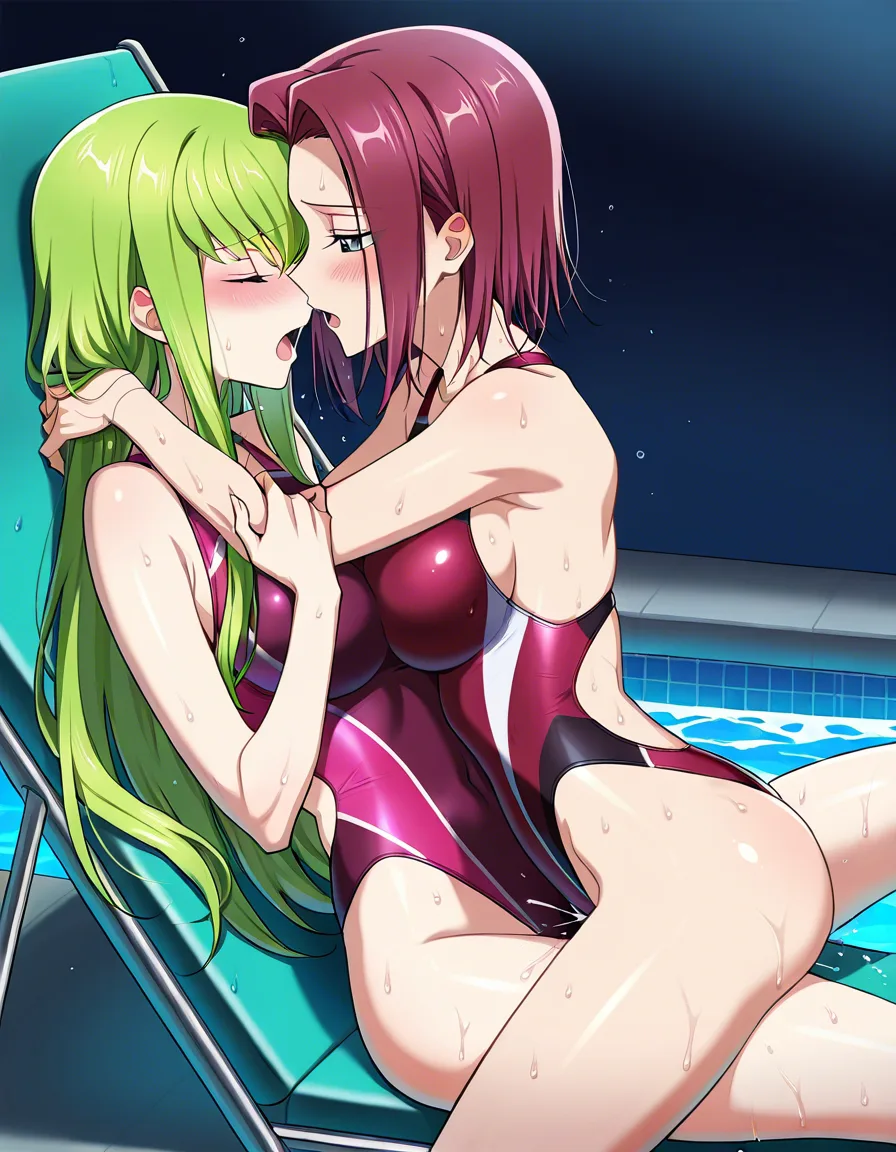2girls, multiple_girls, @c.c., @kouzuki_kallen, yuri, lesbian, on_back, girl_on_top, maroon competition_swimsuit, lime green competition_swimsuit, humping, cowgirl_position, blush, sweat, moaning, orgasm, in pool chair., hentai_studio_quality, hentai_studio_quality