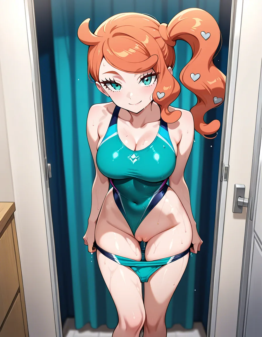 @sonia_(pokemon), standing, legs_together, looking_at_viewer, closed_mouth, seductive_smile, sexually_suggestive, hands_on_own_hips, aqua competition_swimsuit, wet pussy, in dressing room., hentai_studio_quality, hentai_studio_quality