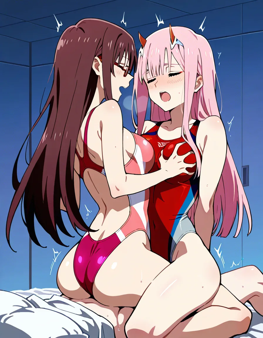 2girls, multiple_girls, @makinami_mari_illustrious, @zero_two_(darling_in_the_franxx), yuri, lesbian, blush, on_back, girl_on_top, pink competition_swimsuit, red competition_swimsuit, humping, cowgirl_position, grabbing_another's_breast, closed_eyes, moaning, orgasm, sweat, in dressing room., hentai_studio_quality