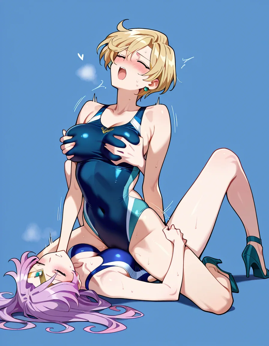 2girls, multiple_girls, @sailor_uranus, @sailor_neptune, yuri, lesbian, on_back, legs_apart, girl_on_top, blue competition_swimsuit, aqua competition_swimsuit, blue high_heels, aqua high_heels, blush, closed_eyes, humping, cowgirl_position, grabbing_another's_breast, moaning, orgasm, in pool chair, night, grabbing_another's_ass., hentai_studio_quality, hentai_studio_quality, hentai_studio_quality