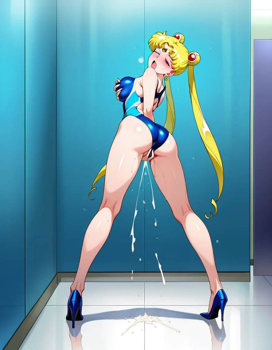 @sailor_moon, standing, legs_apart, knees bent, looking_back, blush, one_eye_closed, looking_at_viewer, blue competition_swimsuit, blue high_heels, grabbing_own_breast, female_masturbation, moaning, orgasm, in dressing room., hentai_studio_quality, hentai_studio_quality