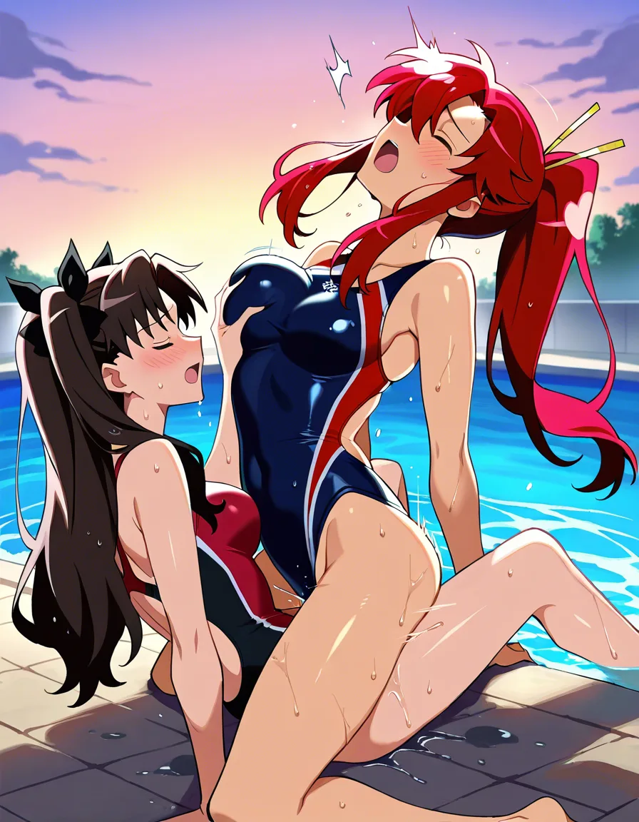 2girls, multiple_girls, @yoko_littner, @tohsaka_rin, yuri, lesbian, on_back, girl_on_top, red competition_swimsuit, wet, grabbing_another's_breast, blush, closed_eyes, humping, cowgirl_position, moaning, orgasm, same-sex_bathing, outdoors, night, partially_submerged., hentai_studio_quality, hentai_studio_quality