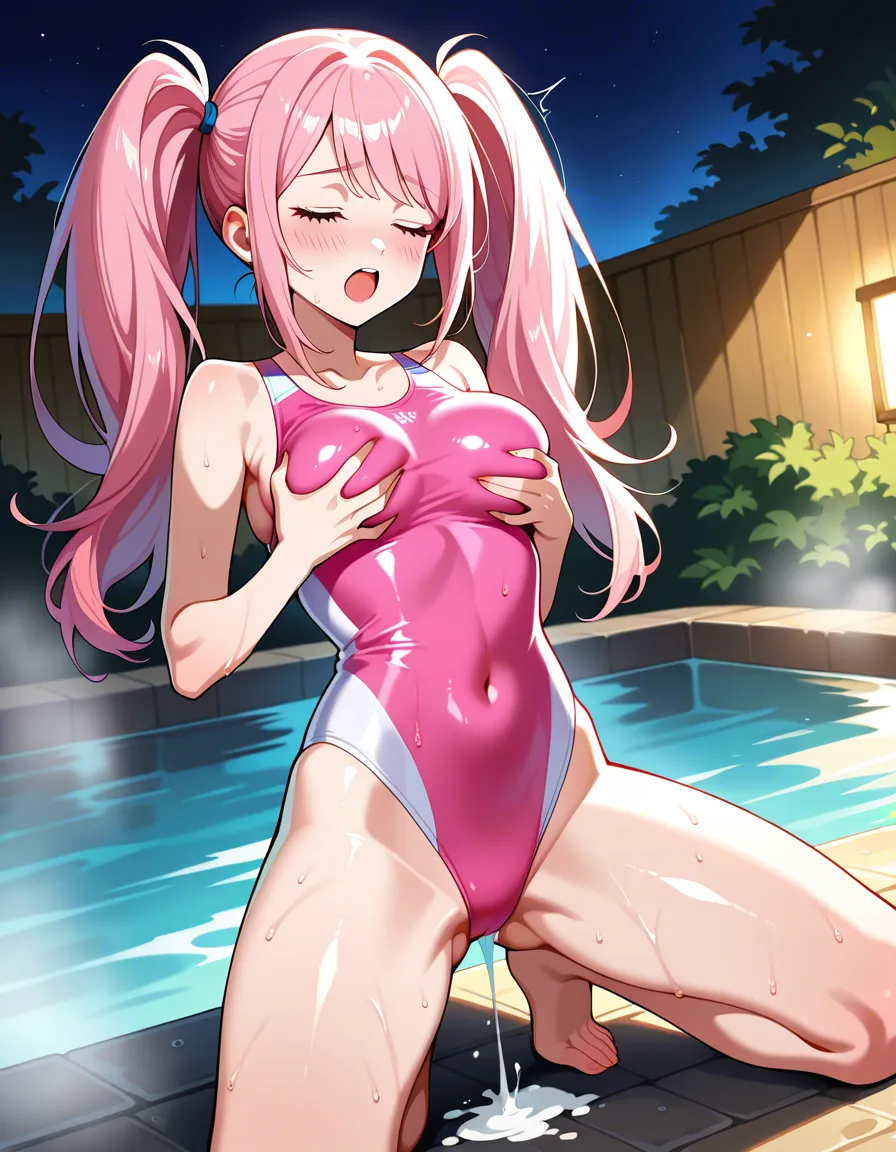 @mira_(k-pop_demon_hunters), kneeling, legs_apart, pink_hair, long_hair, twintails, pink competition_swimsuit, grabbing_own_breast, blush, closed_eyes, moaning, orgasm, bath, outdoors, night, solo., hentai_studio_quality