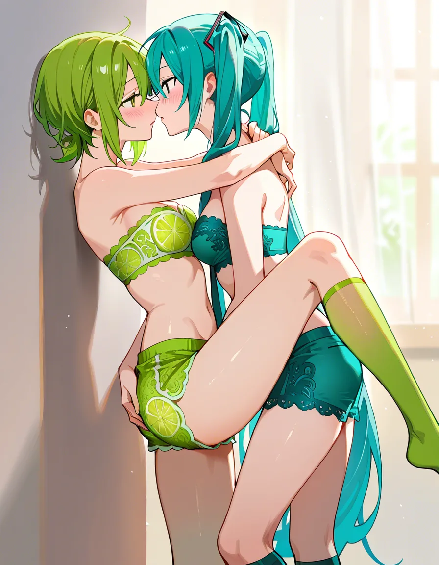 2girls, multiple_girls, @hatsune_miku, aqua lace bandeau, aqua lace shorts, aqua kneehighs, @gumi, lime green lace bandeau, lime green lace shorts, lime green kneehighs, yuri, lesbian, standing, hug, grabbing_another's_ass, blush, eye_contact, imminent_kiss, in dressing room., hentai_studio_quality, hentai_studio_quality
