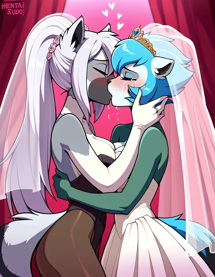 2girls, multiple_girls, no_humans, @tangle_the_lemur, @whisper_the_wolf, yuri, lesbian, interspecies, bridal_veil, wedding_ring, wedding_dress, blush, closed_eyes, hug, kissing, crying, at wedding., hentai_studio_quality, hentai_studio_quality