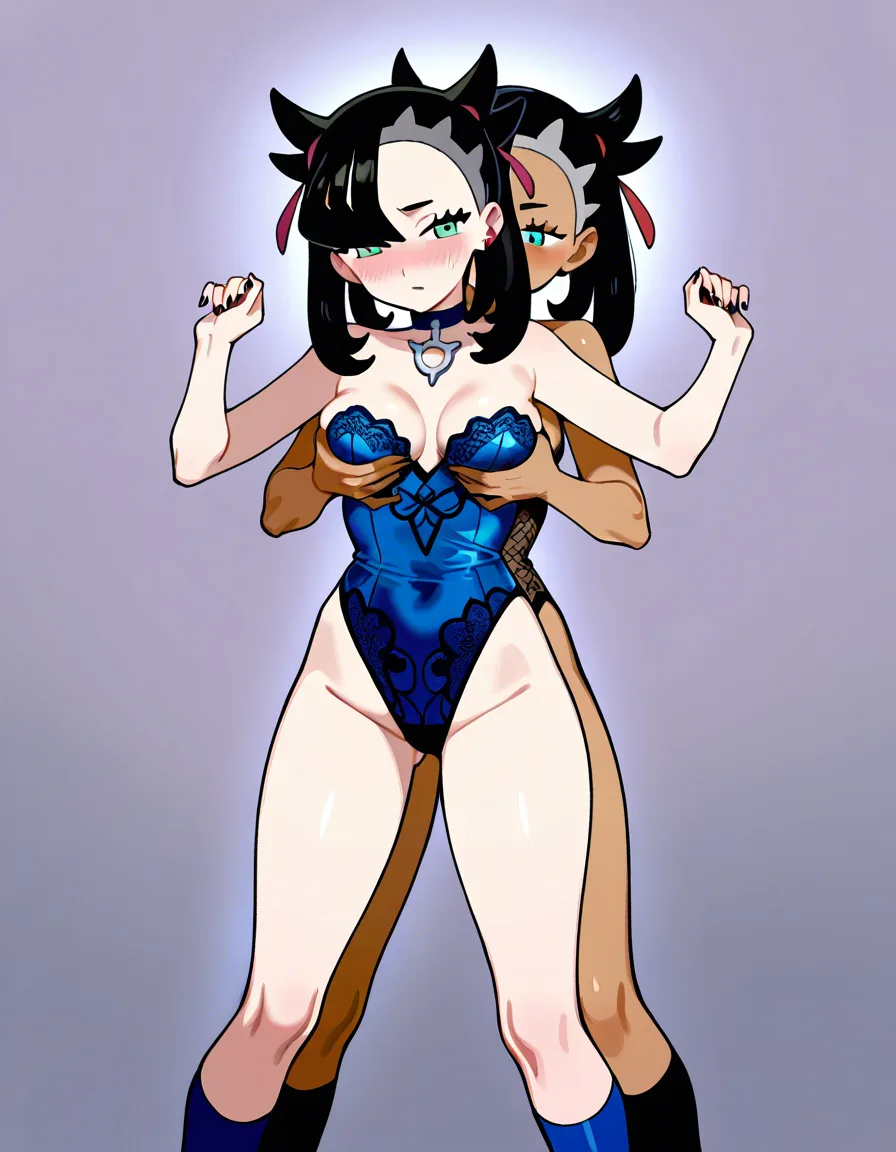 2girls, multiple_girls, @marnie_(pokemon), black lace leotard, black lace kneehighs, @phoebe_(pokemon), dark-skinned_female, blue lace leotard, blue lace kneehighs, yuri, lesbian, standing, legs_apart, hug_from_behind, grabbing_another's_breast, blush, eye_contact, imminent_kiss, in dressing room., hentai_studio_quality