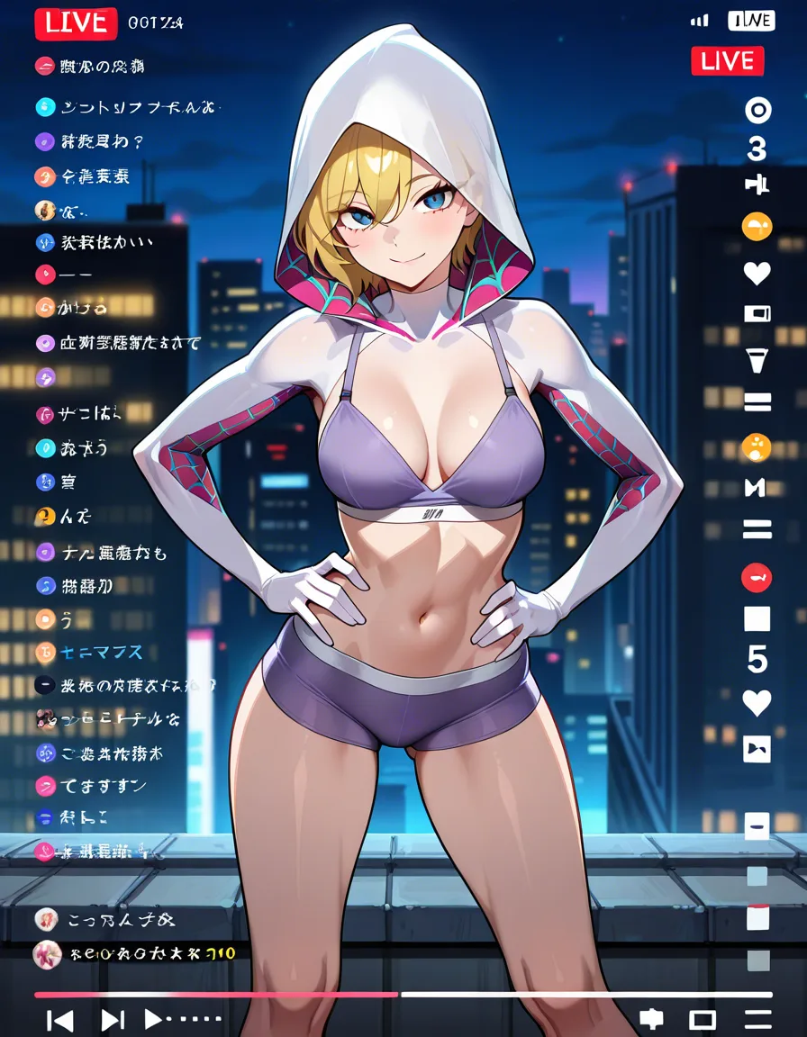 @spider-gwen, standing, legs_apart, underwear_only, looking_at_viewer, seductive_smile, closed_mouth, lavender sports_bra, lavender boxer briefs, hands_on_own_hips, livestream, on rooftop, night., hentai_studio_quality, hentai_studio_quality