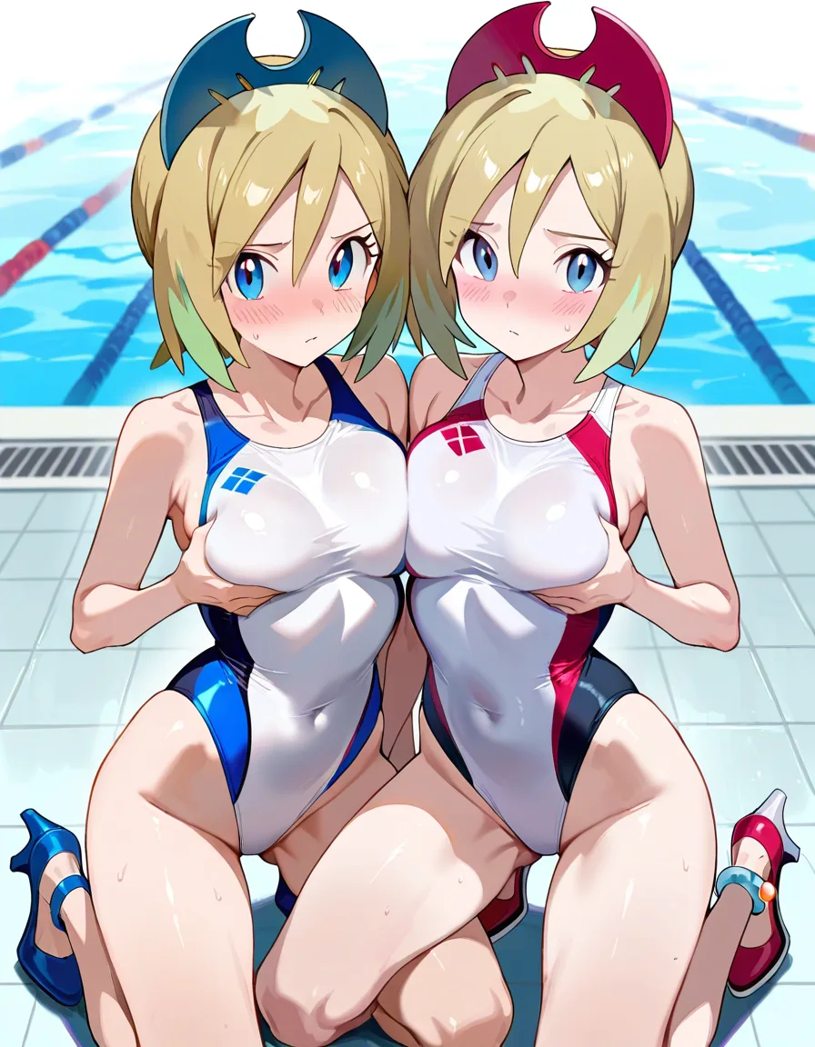 2girls, multiple_girls, @irida_(pokemon), kneeling, legs_apart, white competition_swimsuit, white high_heels, @perrin_(pokemon), kneeling, legs apart, blue competition_swimsuit, blue high_heels, side-by-side, blush, looking_at_viewer, grabbing_own_breast, female_masturbation, moaning, orgasm, livestream, on_floor, in dressing room., hentai_studio_quality