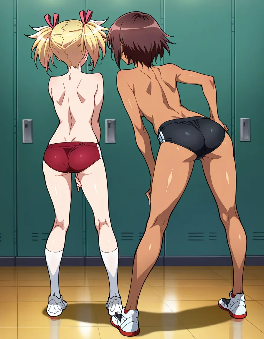 2girls, multiple_girls, @igawa_sakura_(taimanin), blonde_hair, short_hair, black buruma, @mizuki_yukikaze_(taimanin), dark-skinned_female, brown_hair, twintails, red buruma, yuri, lesbian, topless, standing, legs_apart, leaning_forward, grabbing_another's_breast, grabbing_from_behind, blush, humping, doggystyle, sex_from_behind, closed_eyes, moaning, orgasm, livestream, in gym, night., hentai_studio_quality, hentai_studio_quality, hentai_studio_quality