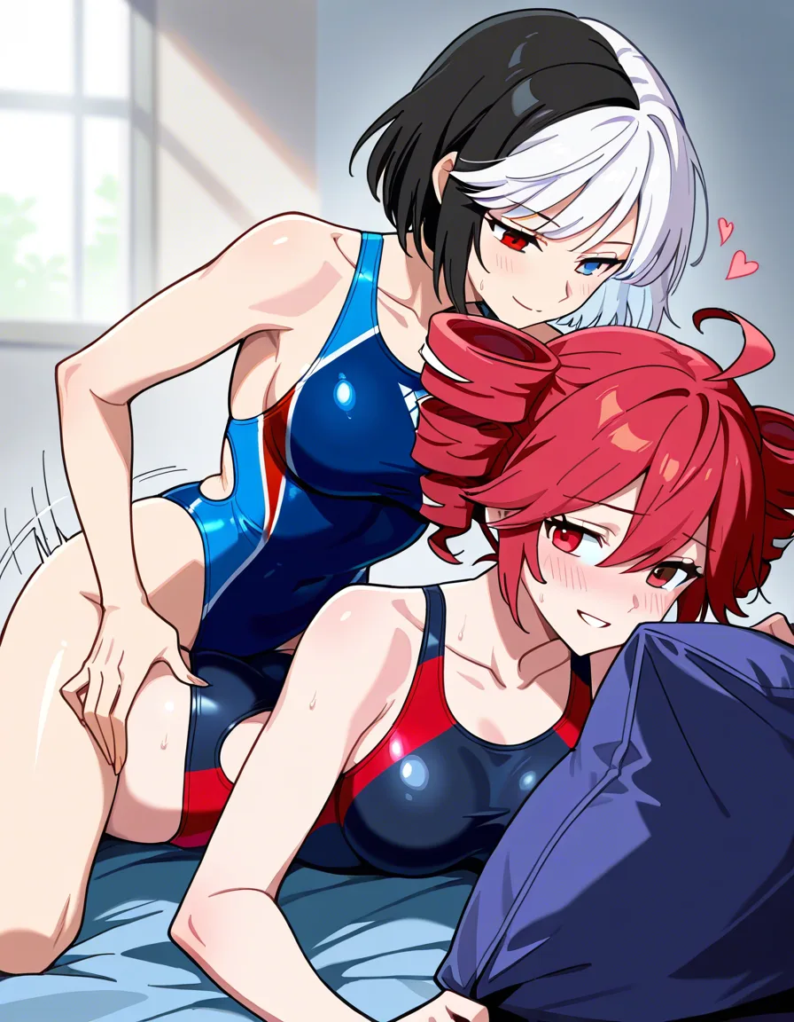 2girls, multiple_girls, @kasane_teto, red competition_swimsuit, @luna_snow_(marvel_rivals), short_hair, black_hair, white_hair, multicolored_hair, blue competition_swimsuit, heterochromia, yuri, lesbian, on_stomach, girl_on_top, straddling, humping, sex_from_behind, blush, moaning, orgasm, on_bed, beach, outdoors., hentai_studio_quality, hentai_studio_quality