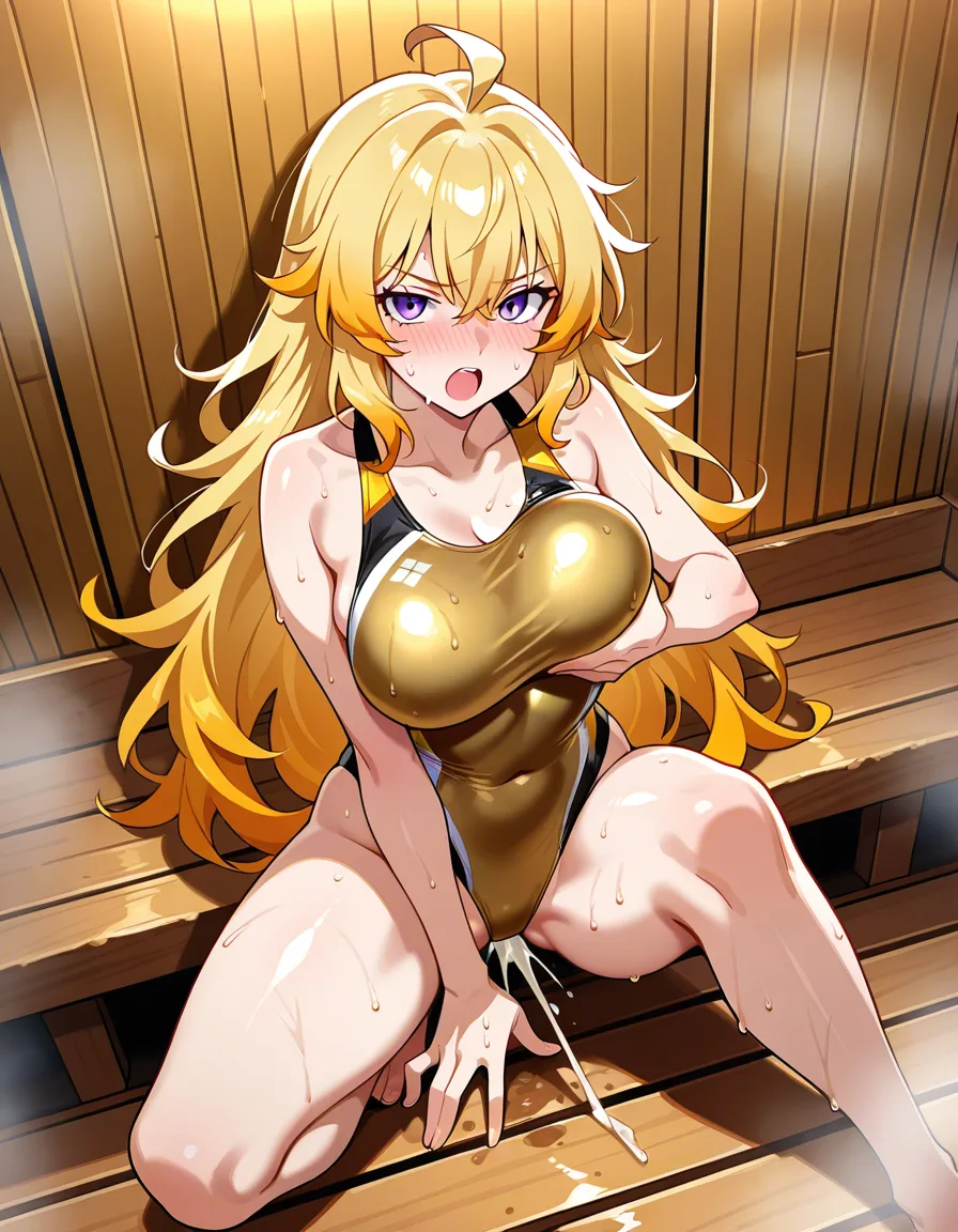 @yang_xiao_long, on_one_knee, legs_apart, looking_at_viewer, blush, gold competition_swimsuit, sweat, grabbing_own_breast, moaning, orgasm, in sauna., hentai_studio_quality