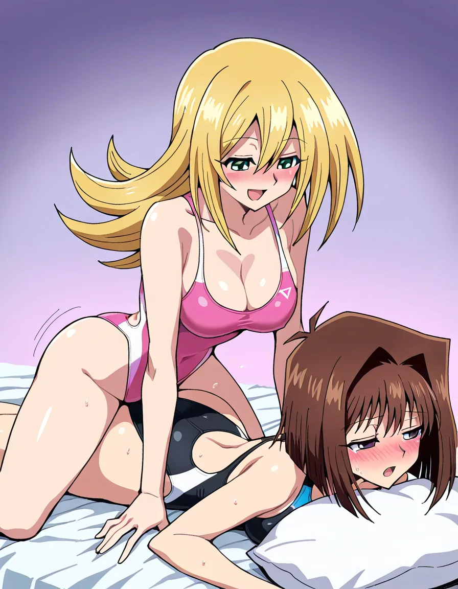 2girls, multiple_girls, @dark_magician_girl, no_headwear, pink competition_swimsuit, @mazaki_anzu, black competition_swimsuit, on_stomach, girl_on_top, yuri, lesbian, straddling, blush, half-closed_eyes, seductive_smile, open_mouth, humping, sex_from_behind, legs_apart, moaning, orgasm, beach., hentai_studio_quality, hentai_studio_quality