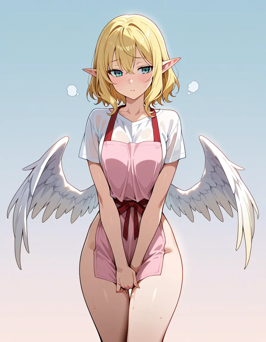 masterpiece, best quality, male focus, curvy figure, wings, female_masturbation , gradient background, naked_shirt naked_towel naked_apron nude naked, hentai_studio_quality