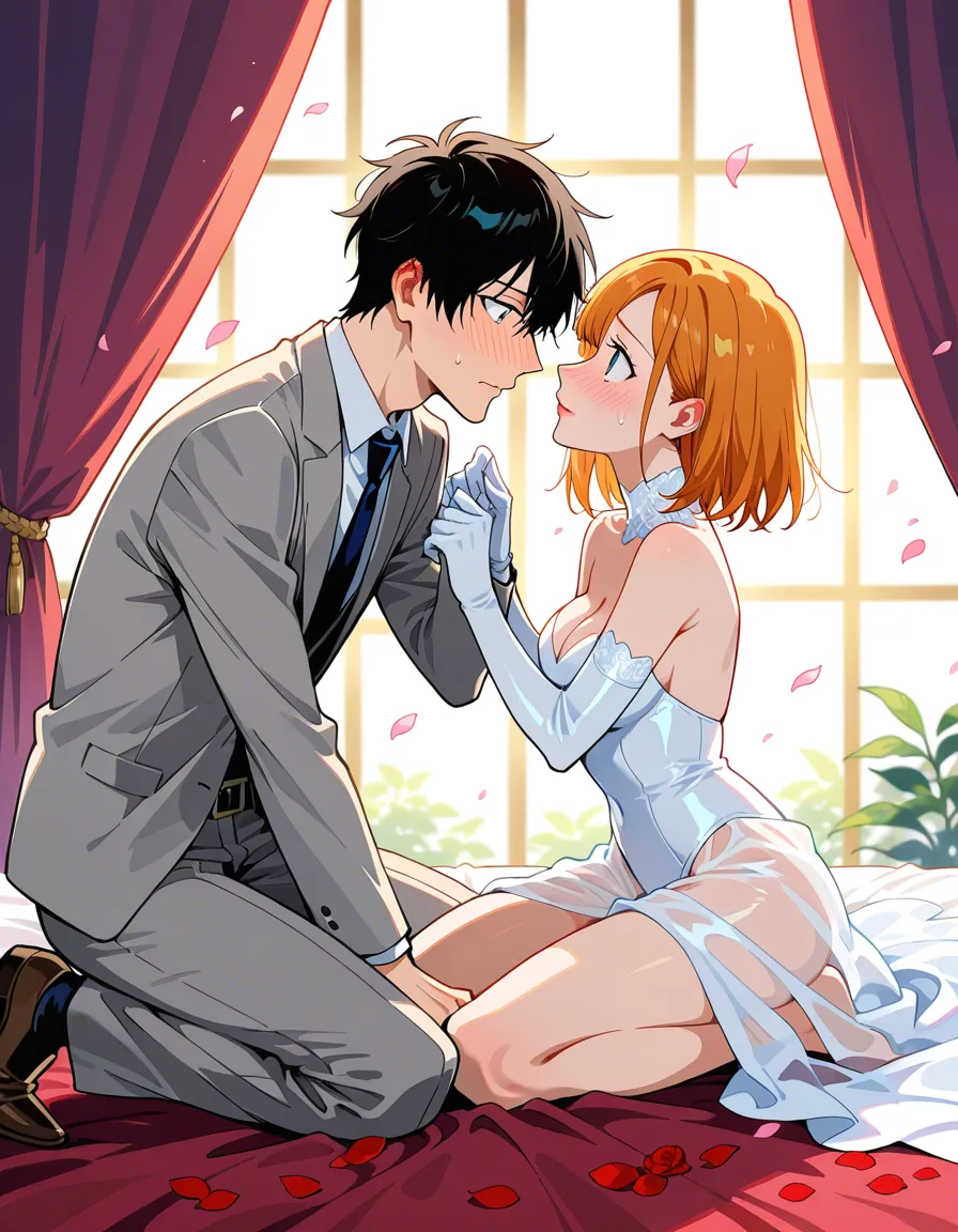 ultra detailed, couple, lips, elbow gloves, kneeling on bed, petals, nervous blush, detailed shading, hentai_studio_quality
