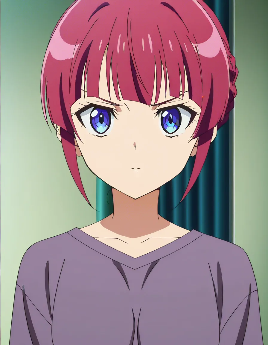 Quiero que me generes una chica de cabello rojo con ojos escarlata y piel blanca con unos senos exageradamente gigantescos quiero que a la chica le coloques curvas y no le coloques ropa, (anime style:1.3), 2d, anime screencap, cel shading, flat color, hentai_studio_quality
