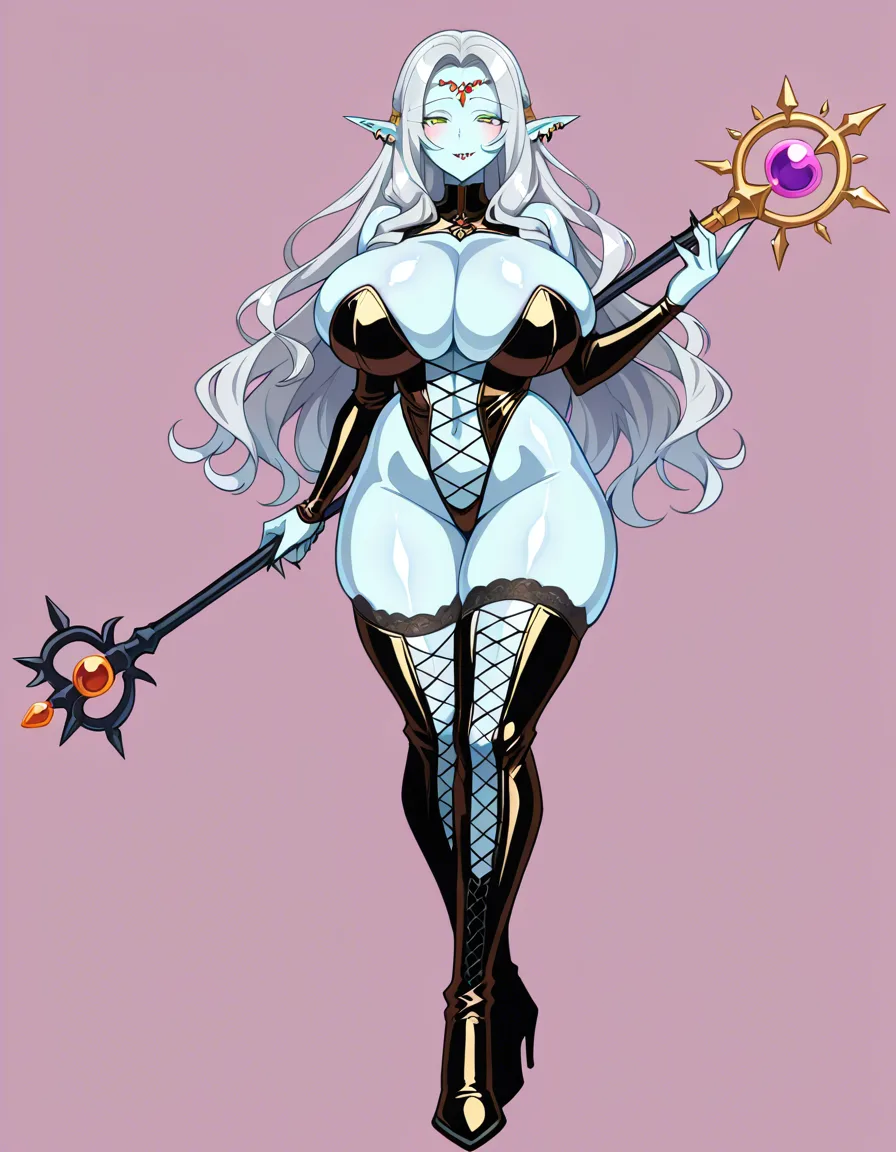 full body shot, adult high elf woman, mature ara ara expression, sharp piercing gaze, massive breasts, extremely sexy fantasy attire, revealing lace and leather, wearing lace stay-up stockings and high boots, long wavy silver hair, holding a magical scepter, anime style, high detail, flushed skin, bedroom eyes, voluptuous curves, vivid colors, hentai_studio_quality