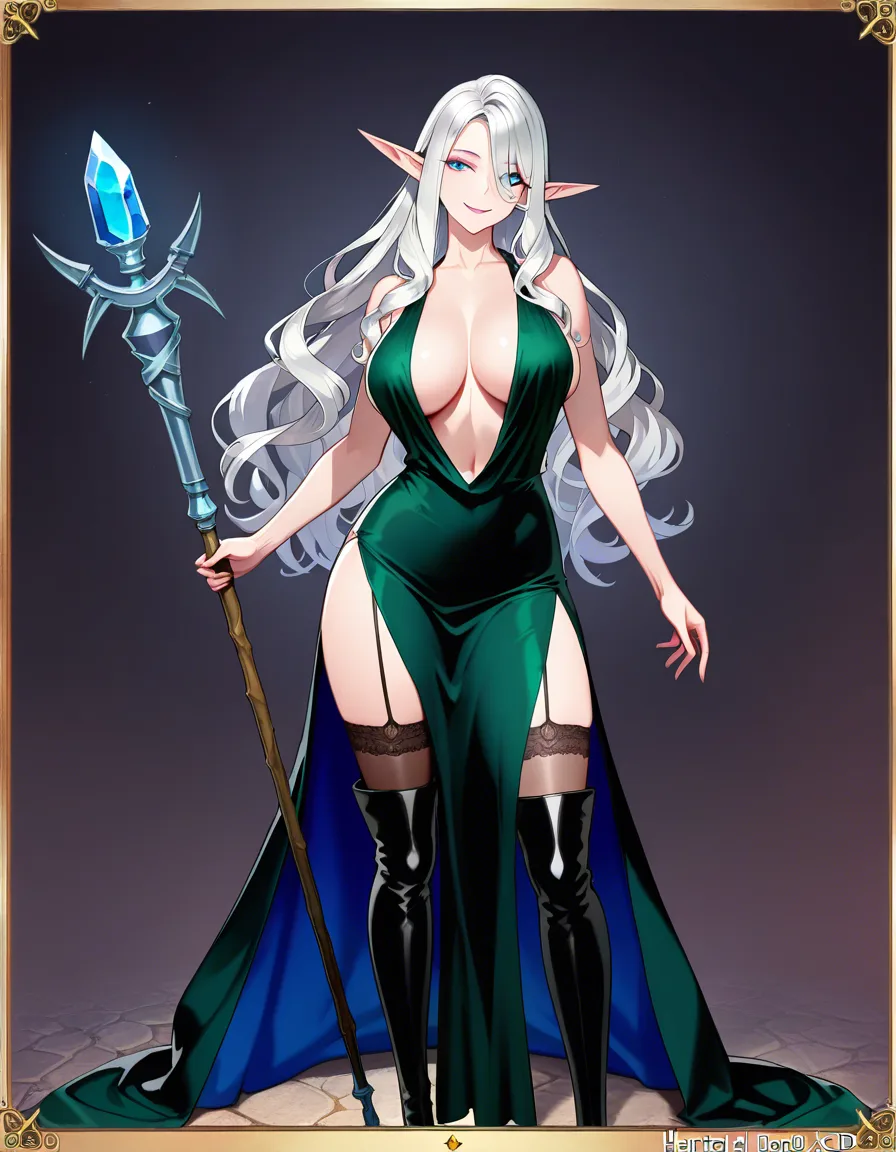 High elf, mature woman, makeup, long low-cut gown with a plunging neckline, daring slit revealing her legs, black hold-up stockings, thigh-high boots, long wavy silvery hair, sly smile, fair skin, holding a steel and wood staff set with a blue stone , 4k , high quality , hentai 3d, hentai_studio_quality, (anime style:1.3), 2d, anime screencap, cel shading, flat color, @00osamio00