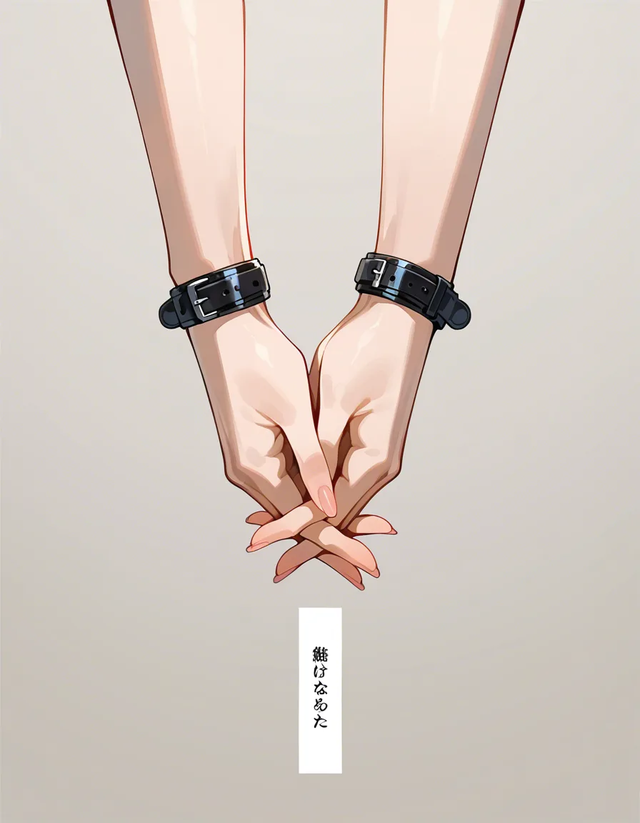 masterpiece, clean art, mature female, bondage, holding hands, simple background, doujin style, hentai_studio_quality