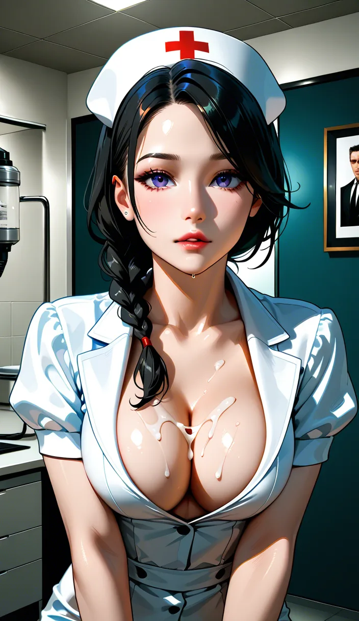RAW photo, ultra realistic, nurse, braid, puffy sleeves, cum on breasts, dslr quality