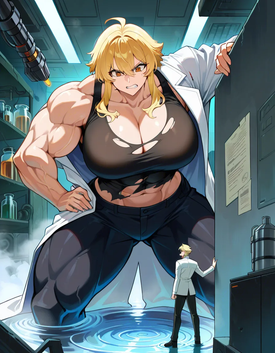 Giant muscular_female, petite male, adults, extreme size_difference , female torn_clothes torn_shirt ripples, female blonde_hair short_hair_with_long_locks , nerdy male scientist lab_coat, military lab room, fog, science_fiction , femdom, pinned male against_wall, assertive_female, angry female looking_at_another, nervous blush male looking_up , breast_press, male black medium_hair, female abs, female big biceps, female big shoulders, female thick_thighs, female huge_ass, female wide_hips, huge_breasts, male narrow_waist, male stubble, throat lift, female carrying male, domination, eye_contact, aged_up serious female looking_at_another, nervous, hentai_studio_quality