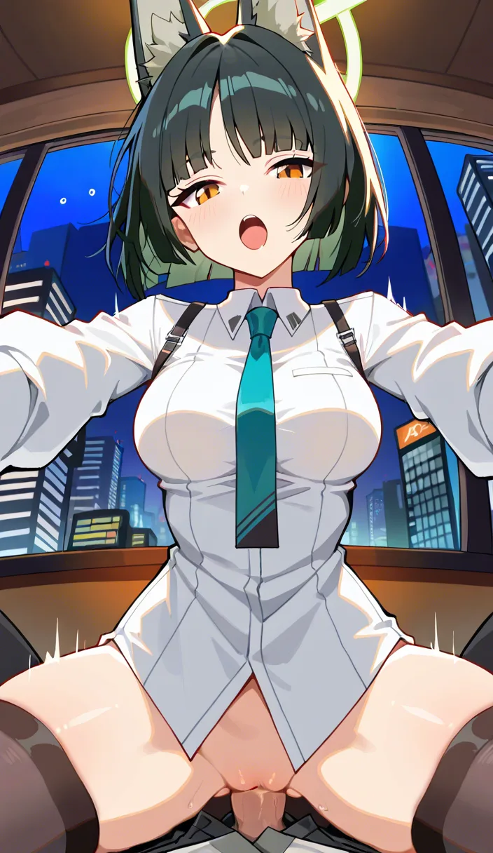 masterpiece, no zzz, no z, picture , zenless zone, hoshimi miyabi, natural medium_breasts not hanging, outfit, open mouth, sideway look, lean back, breats are hidden, thigh-high socks, no skirt, pov vaginal sex, pov light no hair cock, riding pov, fun moaning, city window background, no panties, look at viewer, cameltoe, smile,, heart eyes, dont hentai_studio_quality out of prompt, hentai_studio_quality