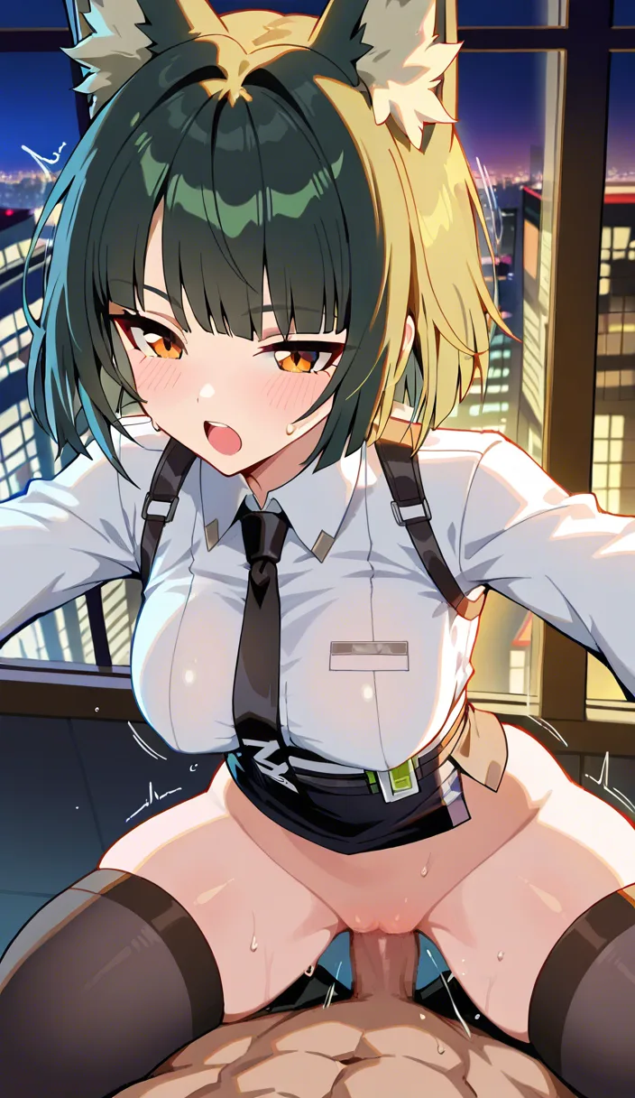 masterpiece, no zzz, no z, picture , zenless zone, hoshimi miyabi, natural medium_breasts not hanging, outfit, open mouth, sideway look, lean back, breats are hidden, thigh-high socks, no skirt, pov vaginal sex, pov light no hair cock, riding pov, fun moaning, city window background, no panties, look at viewer, cameltoe, smile,, heart eyes, dont hentai_studio_quality out of prompt, hentai_studio_quality, hentai_studio_quality, hentai_studio_quality, hentai_studio_quality, hentai_studio_quality, hentai_studio_quality, hentai_studio_quality, hentai_studio_quality