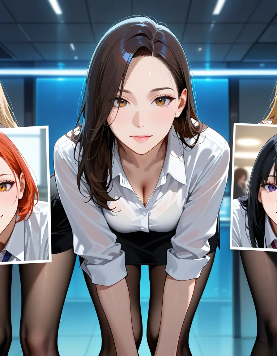 RAW photo, ultra realistic, 3girls, collared shirt, bent over, rim light, hyperrealistic, hentai_studio_quality