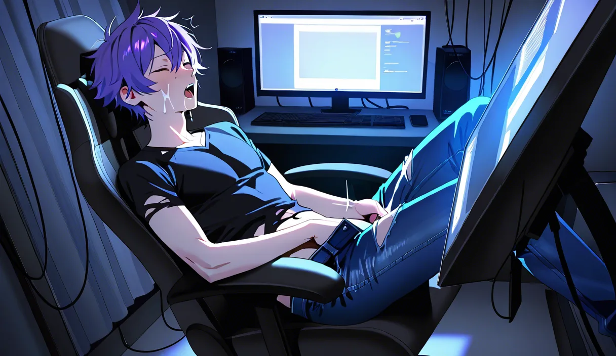 dim light from the computer monitor, 1male, short spikey purple hair, torn shirt, unzipped jeans, reclining in his computer chair in front of a computer, watching solo gay porn, masturbating vigorously, cumshots, orgasmic expression on his face.