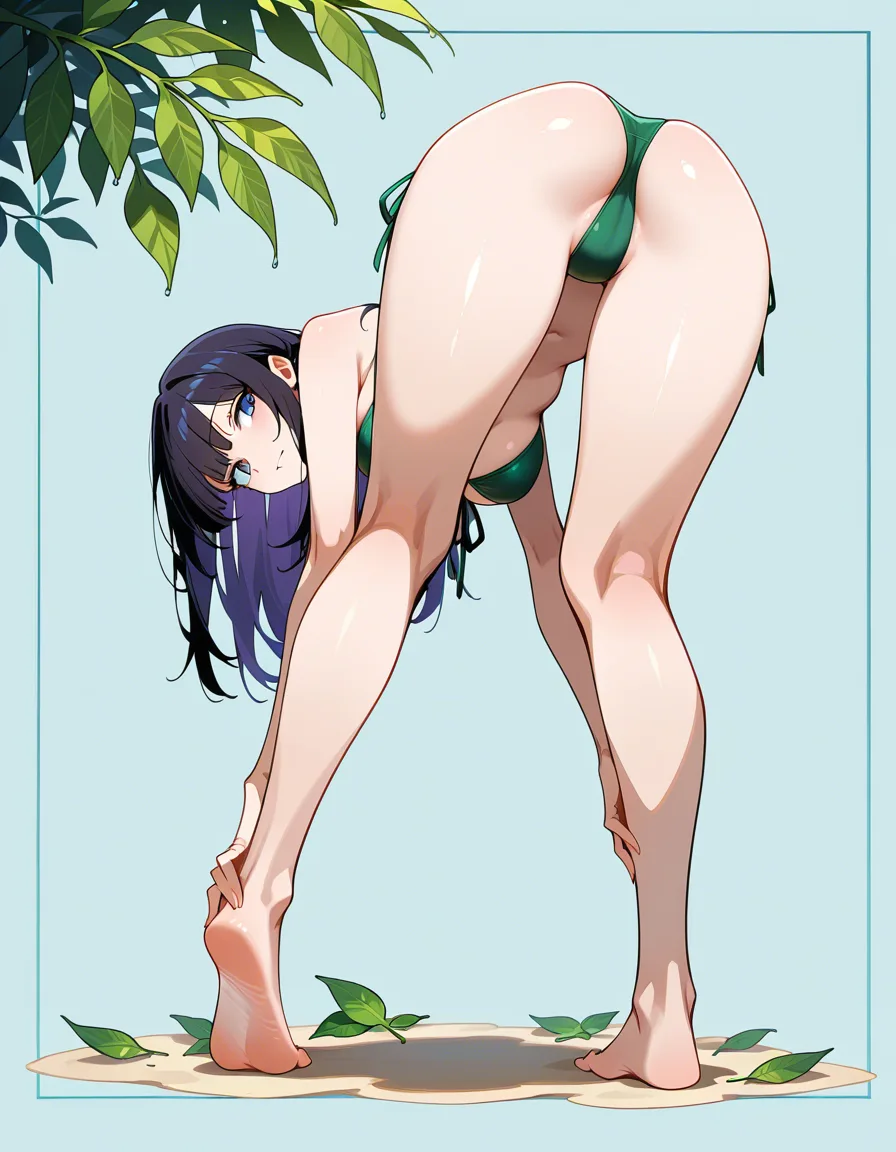 highly detailed, sharp, solo female, soles, bikini, bent over, leaf, doujin style, hentai_studio_quality