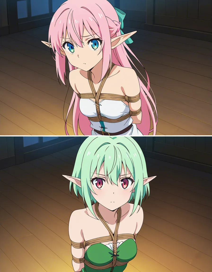 masterpiece, clean art, elf girl, bondage, bare shoulders, hentai style, (anime style:1.3), 2d, anime screencap, cel shading, flat color