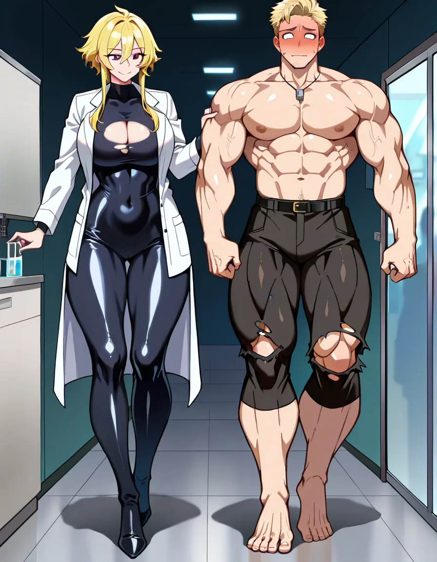 Giant muscular_female, petite male, male stubble, adults, extreme size_difference, femdom, female blonde_hair short_hair_with_long_locks , lab, male scientist, female test experiment, female torn_shirt bodysuit, female ripped torn_clothes, female walking , cornered male against_wall, assertive_female, nervous blush male looking_up , breast_press, male black medium_hair, female abs, female big biceps, female big shoulders, female thick_thighs, female huge_ass, female wide_hips, huge_breasts, gigantic tall female, male narrow_waist, lightweight male, domination, eye_contact, aged_up, hentai_studio_quality
