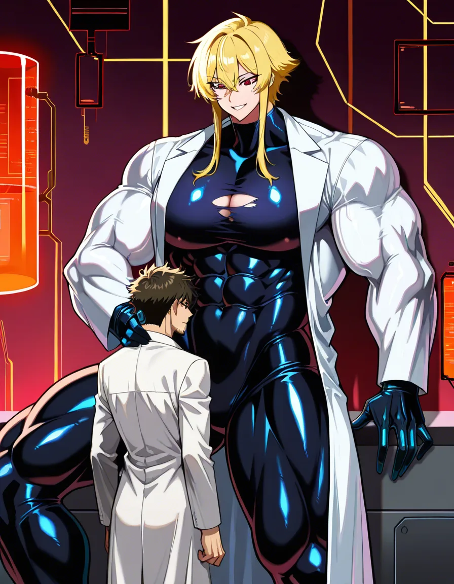 Giant muscular_female, petite male, male stubble, adults, extreme size_difference, femdom, male lab_coat, female test experiment, female torn_shirt bodysuit, female very torn_clothes, female blonde_hair short_hair_with_long_locks , dark lab, science_fiction , cornered male against_wall, assertive_female, nervous blush male looking_up , breast_press, male black medium_hair, female abs, female big biceps, female big shoulders, female thick_thighs, female huge_ass, female wide_hips, huge_breasts, gigantic tall female, male narrow_waist, lightweight male, domination, eye_contact, aged_up, hentai_studio_quality