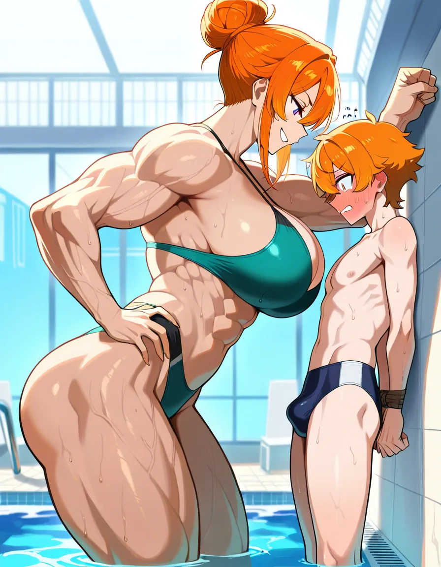Giant muscular_female, short petite adult male, extreme size_difference, height_difference, female orange_hair short_hair hair_bun, swimwear, pool, cornered male pinned against_wall, assertive_female, intimate, dominant female looking_at_another, holding_another's_wrist, male bound_wrists, teasing, nervous blush male looking_up , male black medium_hair, female abs, female big biceps, female big shoulders, female thick_thighs, female huge_ass, female wide_hips, huge_breasts, gigantic tall female, bulging nipples, male bulge, male narrow_waist, lightweight male, domination, eye_contact, hentai_studio_quality