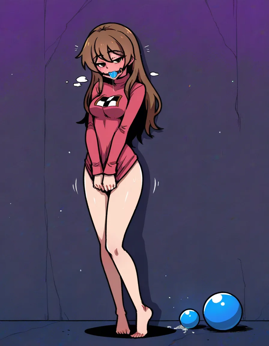 /ultra_detailed, /sharp_focus, #akairiot_artstyle, @madotsuki, yume_nikki, 1girl, solo, aged_up, medium_breasts, brown_hair, hair_down, blush, ball_gag, saliva, drooling, naughty_face, legs, full_body, standing, from_side, arms_behind_back, bound_wrists, handcuffs, print_sweater, checkered_sweater, pleated_skirt, hentai_studio_quality