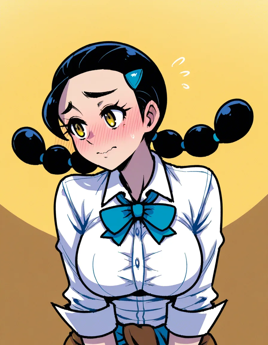 #akairiot_artstyle, @candice_(pokemon), pokemon, 1girl, solo, yellow_eyes, large_breasts, black_hair, twintails, multi-tied_hair, blue_hairclip, blush, embarrassed, blue_bowtie, collared_shirt, blue_sweater, sweater_around_waist, white_shirt, brown_skirt, lifting_own_clothes, skirt_lift, ass, no_panties, full_body, standing, looking_back, from_behind, hentai_studio_quality