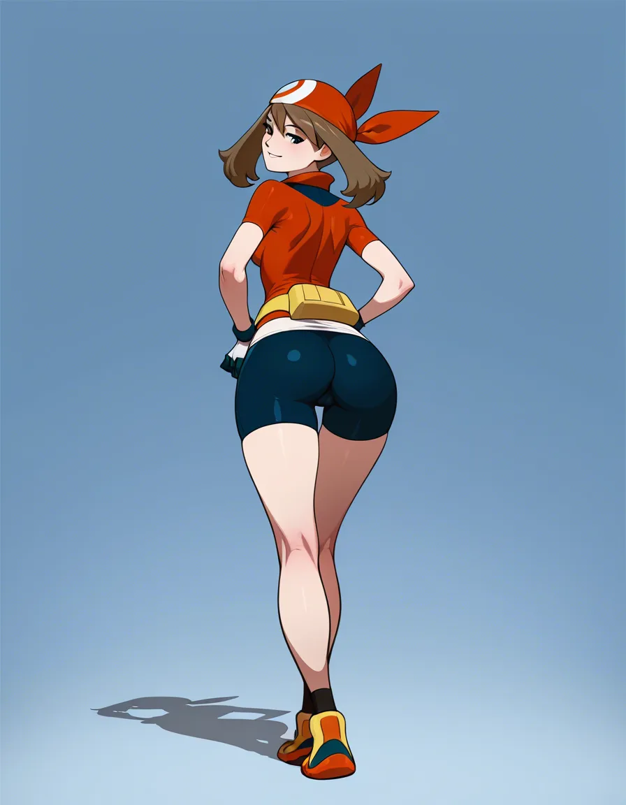 #tarakanovich_artstyle, @may_(pokemon), 1girl, solo, brown_hair, twintails, naughty_face, ass, bike_shorts, full_body, standing, from_behind, hentai_studio_quality