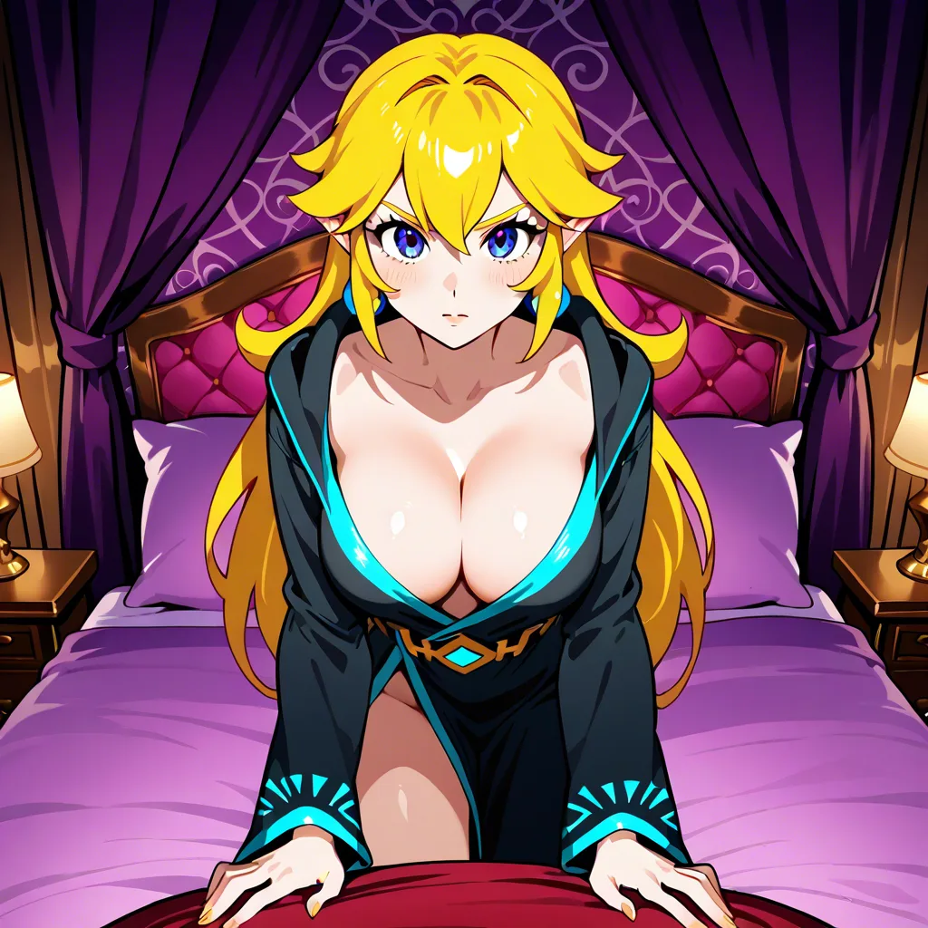 Sexy Princesses Peach & Zelda stands in a royal bedroom with a large double bed. They are looking at me (pov) & Zelda says "Hey there", Peach says "Finally!". they are dressed in elegant princesses robes & wave at me.