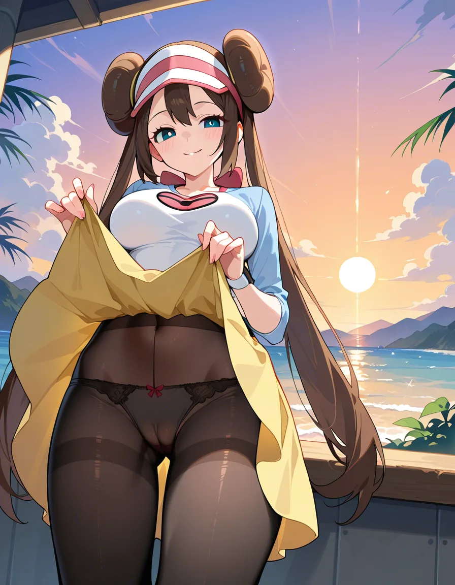 @rosa_(pokemon), detailed shading, masterpiece, seductive_smile, skirt_lift, cameltoe, scenic overlook, hentai_studio_quality