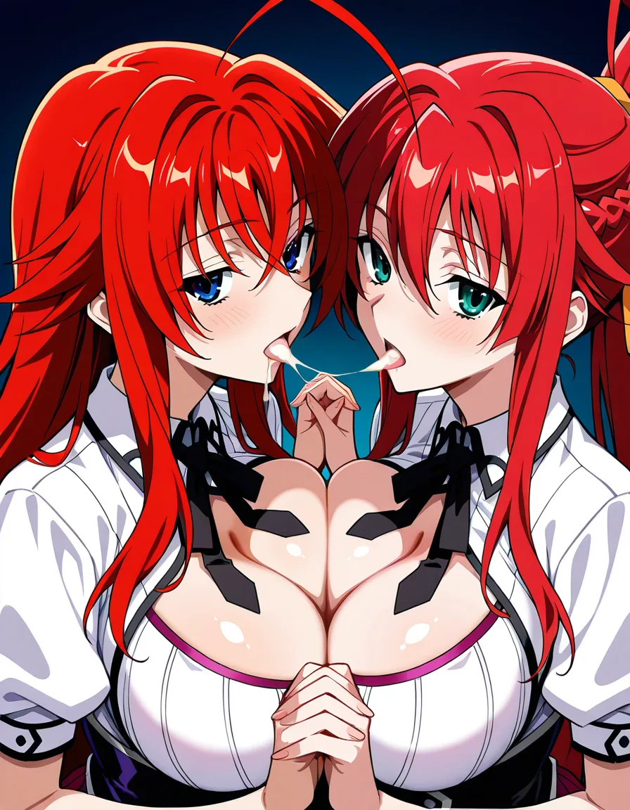 highres, vivid, 2girls, imminent_kiss holding_hands, breast_press, akeno_himejima, rias_gremory, cleavage, looking_at_viewer, school_uniform highschool_dxd, cum_in_mouth, hentai_studio_quality