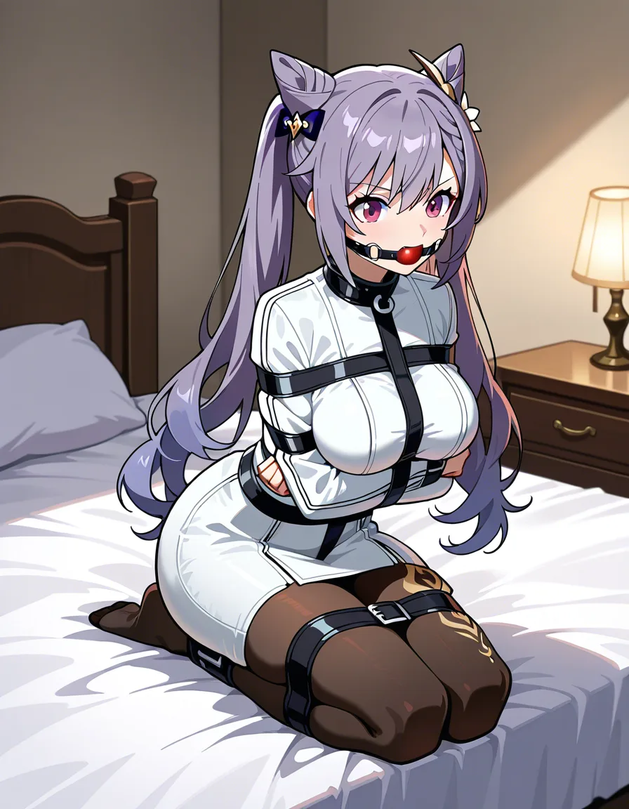 Keqing, seiza, bedroom, bed leather_straitjacket, restrained, bondage, arm_under_breast, ball_gag, black_pantyhose, full body view plain_coloring, /highres, hentai_studio_quality