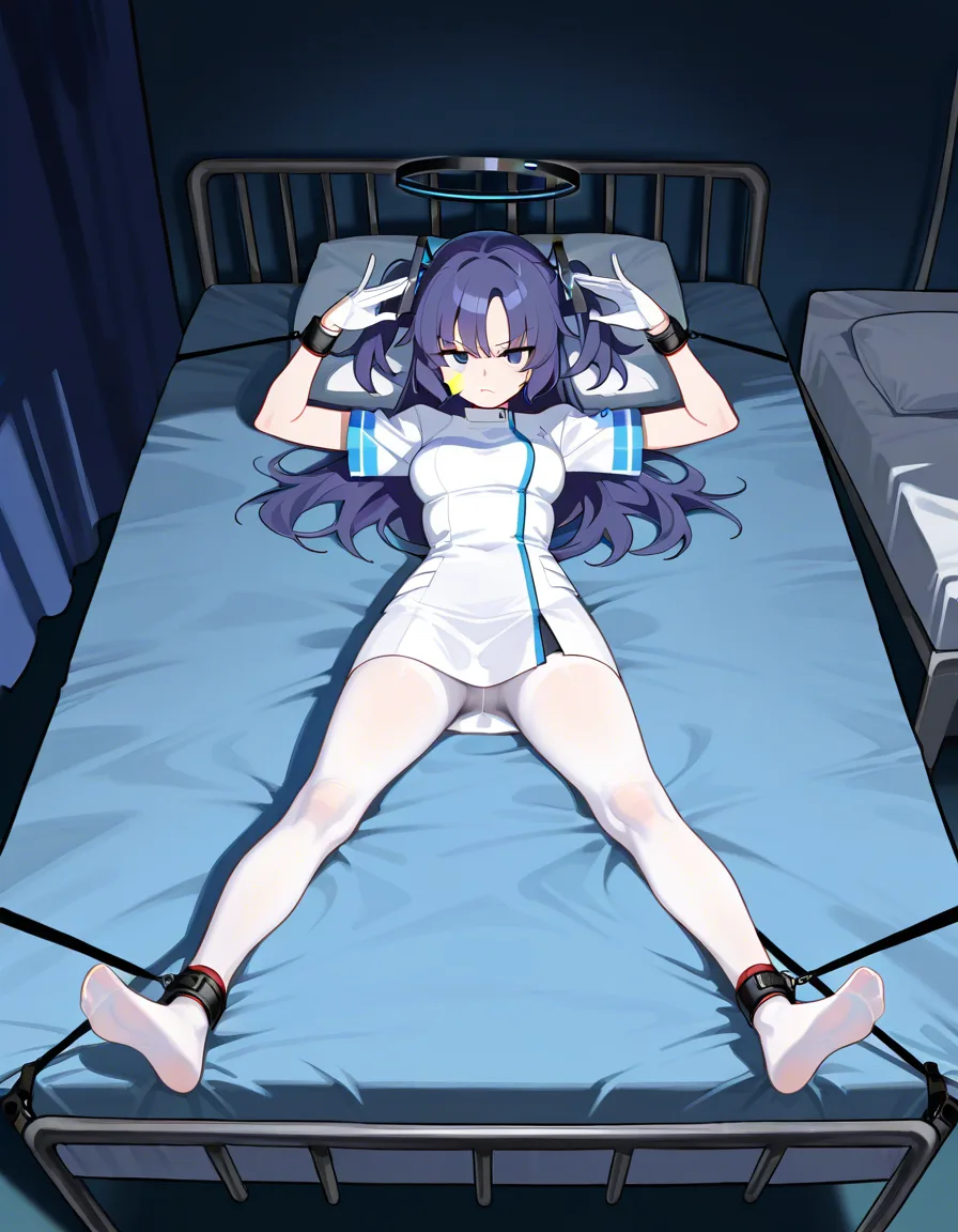 high angle shot, full body view.
 
yuuka (blue archive), wearing white nurse outfit, with white gloves and long white pantyhose, with annoyed expresion, spread eagle pose,  ((no hair accessories))

Hospital bed, lying on back, lying on bed with white pillow, dark room with dim light.

 bondage, restrained, right hand is restrained with white belt that connected to the right top corner of the bed, left hand is restrained with white belt that connected to left top corner of the bed, right leg restrained using belt attached to right bottom corner of the bed, left leg restrained using belt attached to left bottom corner of the bed.,, hentai_studio_quality