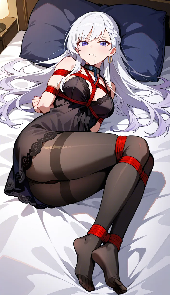 belfast_(azur_lane) bedroom pillow lying on bed, black_nightgown, black pantyhose, bondage shibari_over_clothes bound_arms ball_gag drooling saliva annoyed, from_side looking_at_viewer, hentai_studio_quality